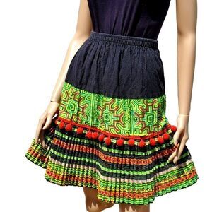 Vintage Short Pleated Skirt XS to S Hmong Ribbon Embroidery Pompoms